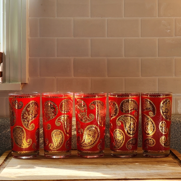 Set/5 mid-century modern Culver barware highball glasses in red & gold paisley - Picture 2 of 8